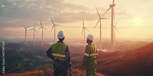 two asian engineers male checking wind turbines. Renew made with Generative AI