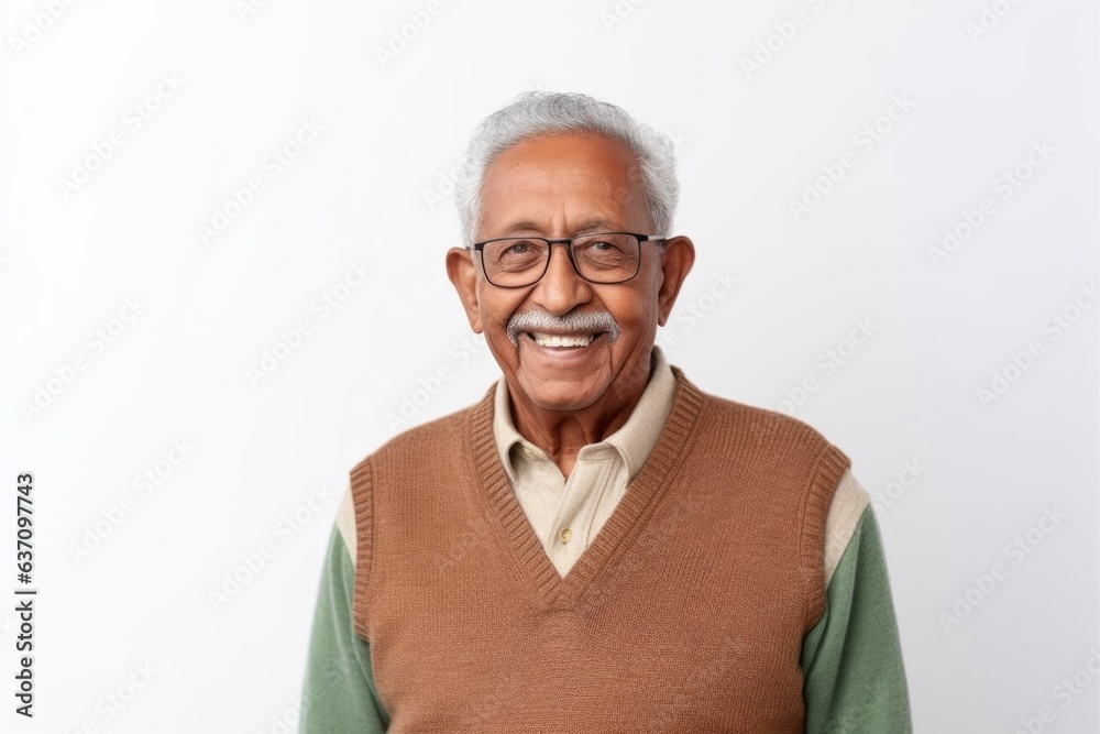 Medium shot portrait of an Indian man in his 80s against a white background Medium shot portrait of an Indian man in his 80s against a white background