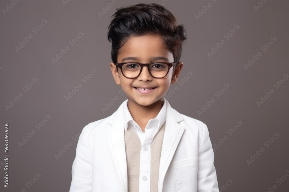 Medium shot portrait of an Indian child male in a minimalist background