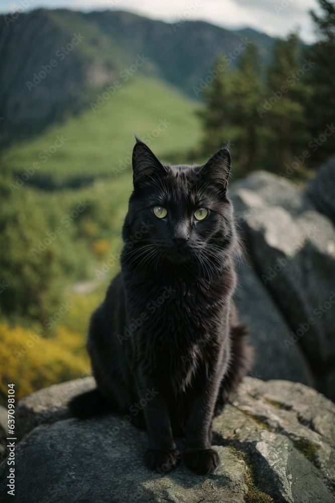 Black cat sitting on a rock
