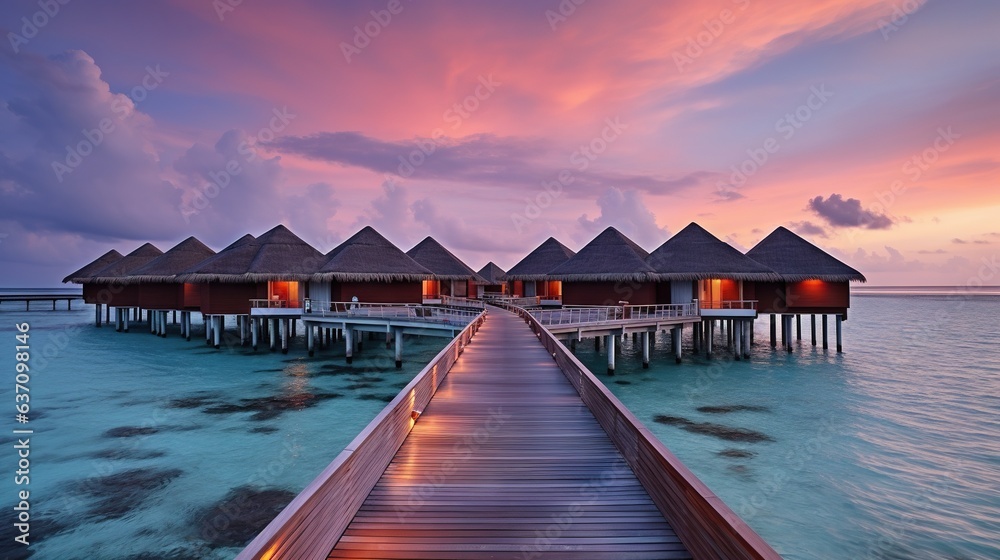  a pier leading to a row of huts on water at sunset.  generative ai