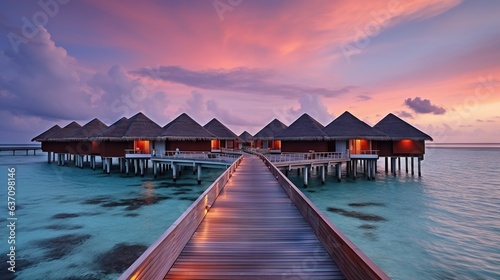  a pier leading to a row of huts on water at sunset. generative ai