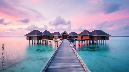  a pier leading to a row of over water huts in the ocean.  generative ai © Olga