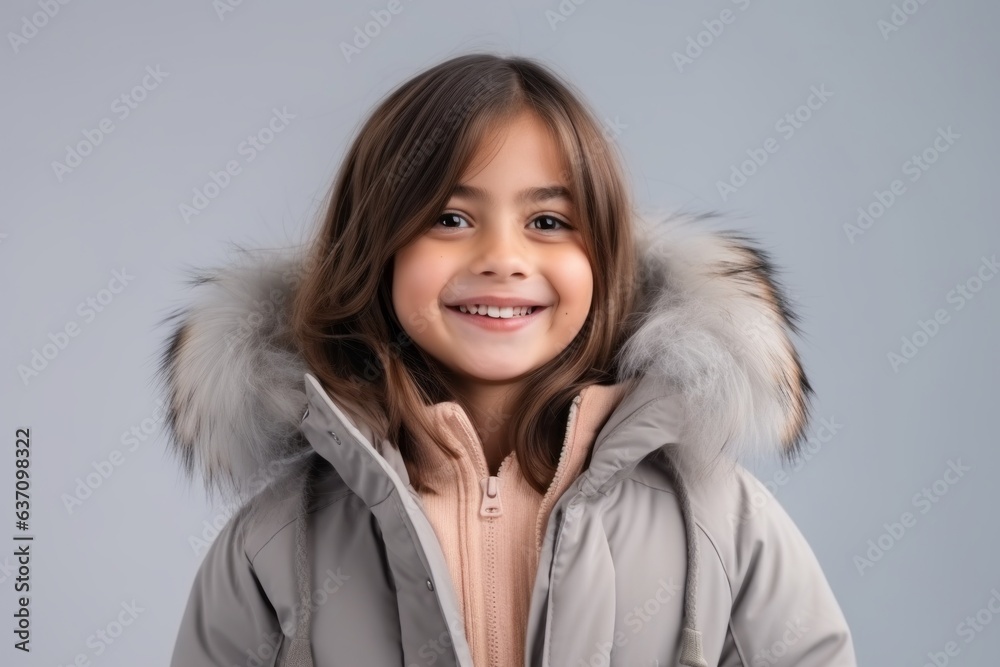 Medium shot portrait of an Indian child female wearing a warm parka in a minimalist background Medium shot portrait of an Indian child female wearing a warm parka in a minimalist background