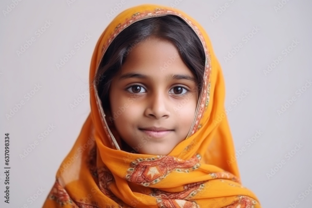 Medium shot portrait of an Indian child female wearing a foulard in a minimalist background Medium shot portrait of an Indian child female wearing a foulard in a minimalist background