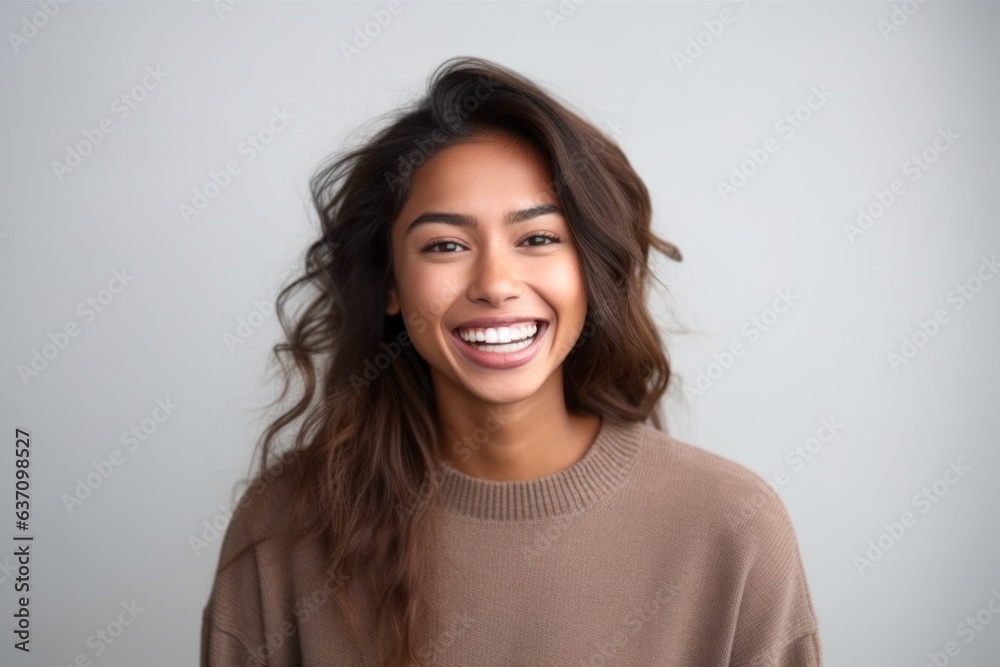 Medium shot portrait of an Indian woman in her 30s in a minimalist background Medium shot portrait of an Indian woman in her 30s in a minimalist background