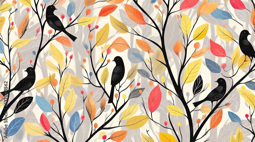 a pattern of birds sitting on a tree branch with autumn leaves. generative ai a pattern of birds sitting on a tree branch with autumn leaves. generative ai