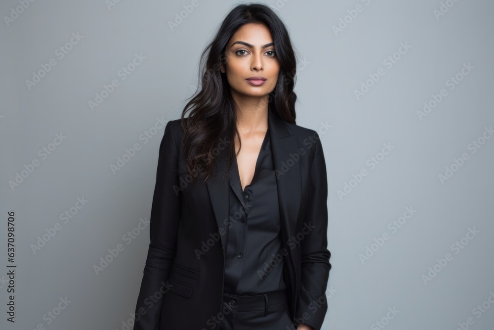 Lifestyle portrait of an Indian woman in her 30s wearing a sleek suit in a minimalist background Lifestyle portrait of an Indian woman in her 30s wearing a sleek suit in a minimalist background
