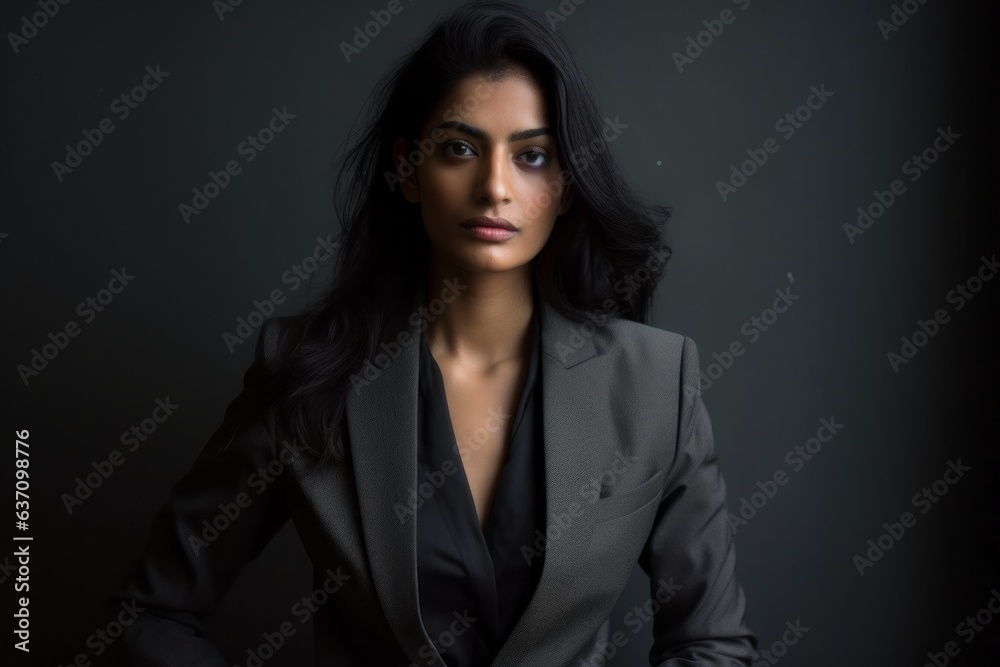 Lifestyle portrait of an Indian woman in her 30s wearing a sleek suit in a minimalist background