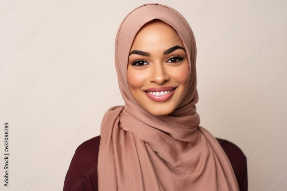 Lifestyle portrait of an Indian woman in her 30s wearing hijab in a minimalist background Lifestyle portrait of an Indian woman in her 30s wearing hijab in a minimalist background