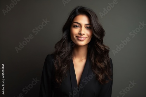 Lifestyle portrait of an Indian woman in her 30s wearing a sleek suit in a minimalist background © Eber Braun