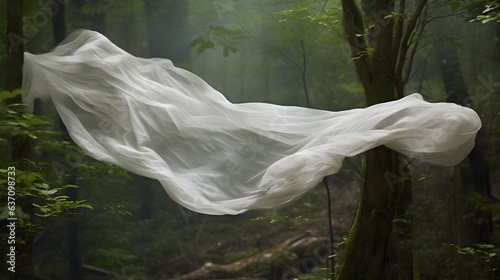 tissu blanc en mouvement au milieu d'une forêt, généré par IA