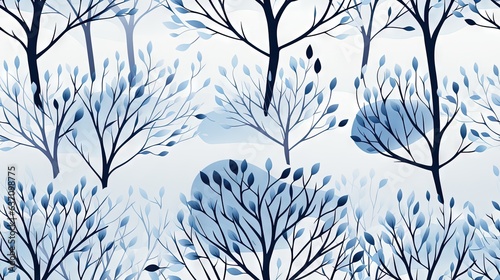  a blue and white winter scene with trees and birds in the snow. generative ai