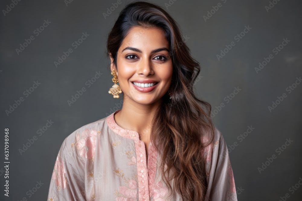 Close-up portrait of an Indian woman in her 30s wearing kurta pajama in a minimalist background Close-up portrait of an Indian woman in her 30s wearing kurta pajama in a minimalist background