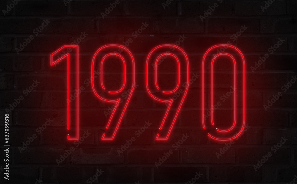 Red 1990 neon sign on brick wall Red 1990 neon sign on brick wall