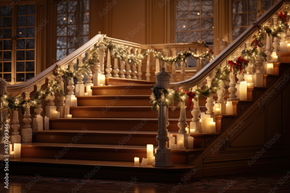Obraz premium Interior decoration. Traditional Christmas holiday decorated stairs. AI generated