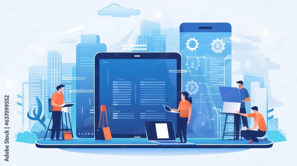 Scene depicting a team of developers working on mobile app development, coding for iOS or Android platforms