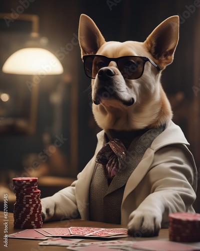 A puffy dog in a suit and glasses sits at a table in a casino and plays poker