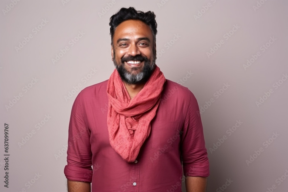 Medium shot portrait of an Indian man in his 30s wearing a foulard in a minimalist background