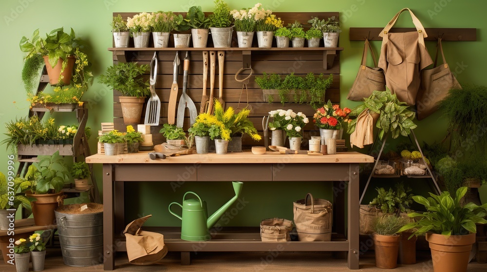  a garden shop with potted plants and gardening tools on a table.  generative ai