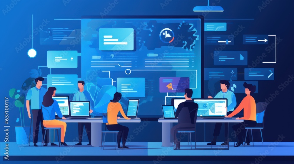 Scene depicting a team of developers working on mobile app development, coding for iOS or Android platforms Scene depicting a team of developers working on mobile app development, coding for iOS or Android platforms
