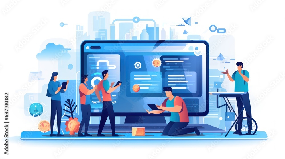 Scene depicting a team of developers working on mobile app development, coding for iOS or Android platforms Scene depicting a team of developers working on mobile app development, coding for iOS or Android platforms