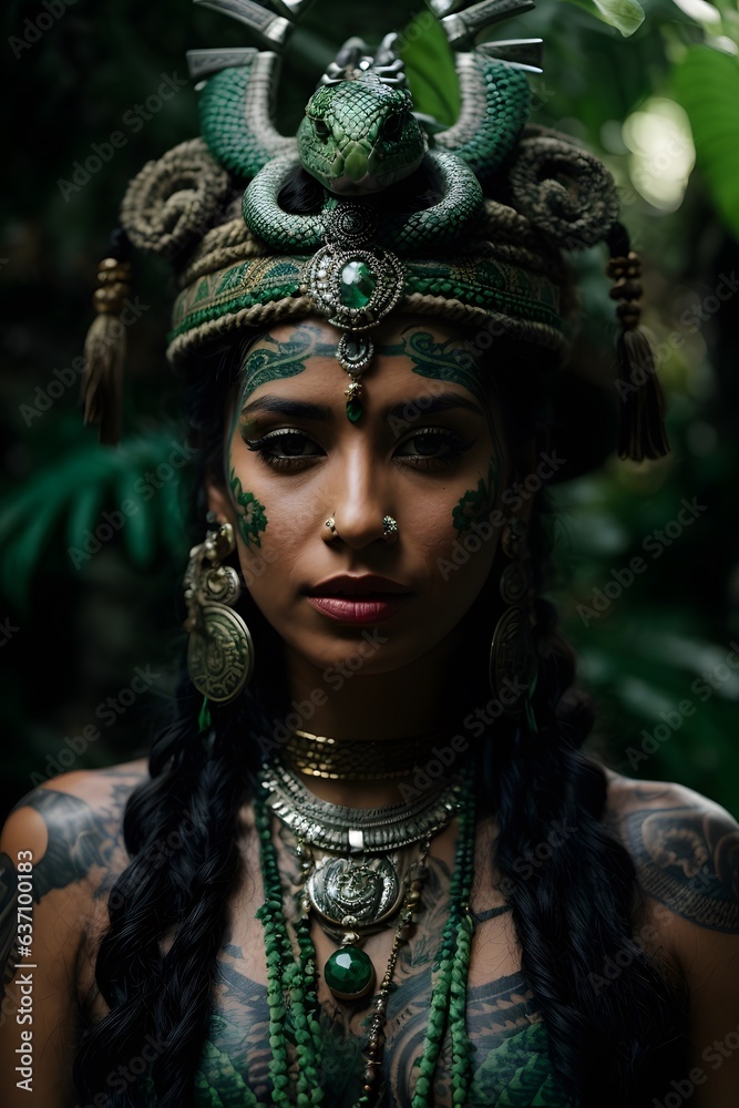 A woman adorned with a vibrant green headdress and intricate jewelry A woman adorned with a vibrant green headdress and intricate jewelry