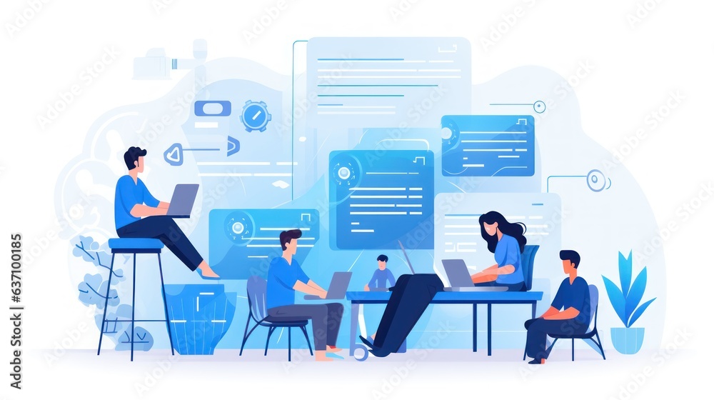 Scene depicting a team of developers working on mobile app development, coding for iOS or Android platforms Scene depicting a team of developers working on mobile app development, coding for iOS or Android platforms