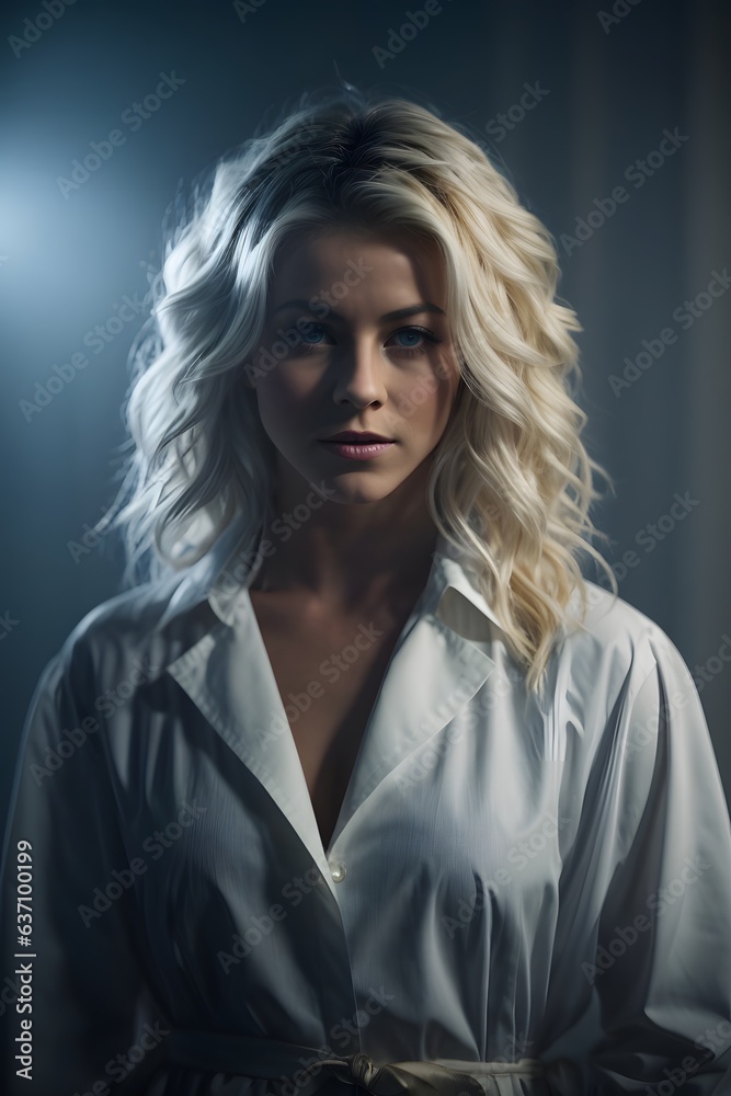 A blonde woman in a white shirt A blonde woman in a white shirt