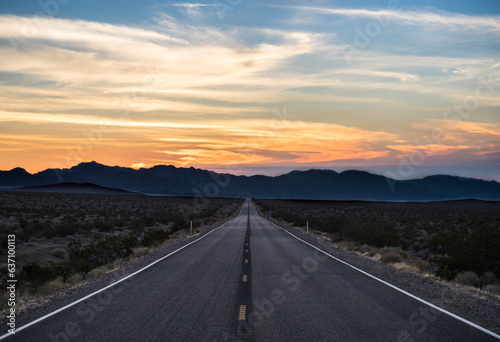 View of Road in Death Valley with Colorful Sunset