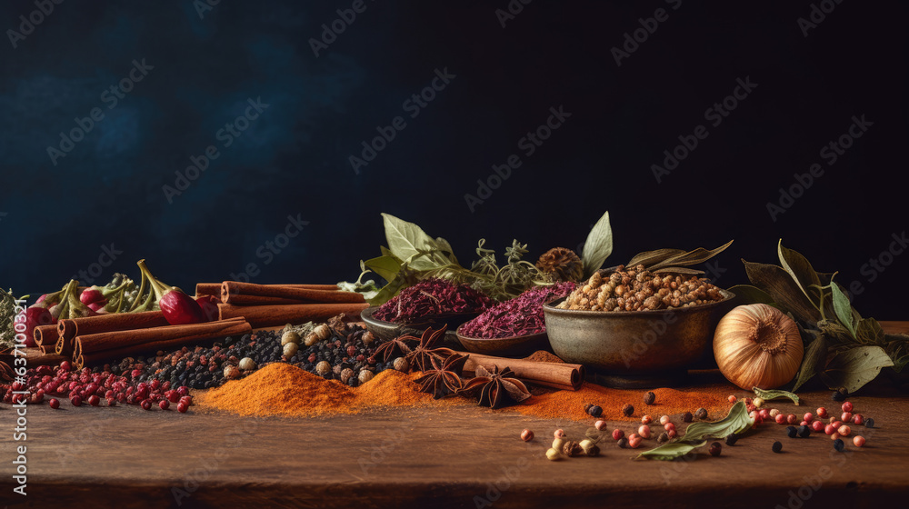 Composition with aromatic spices and fresh herbs on color background. Composition with aromatic spices and fresh herbs on color background.