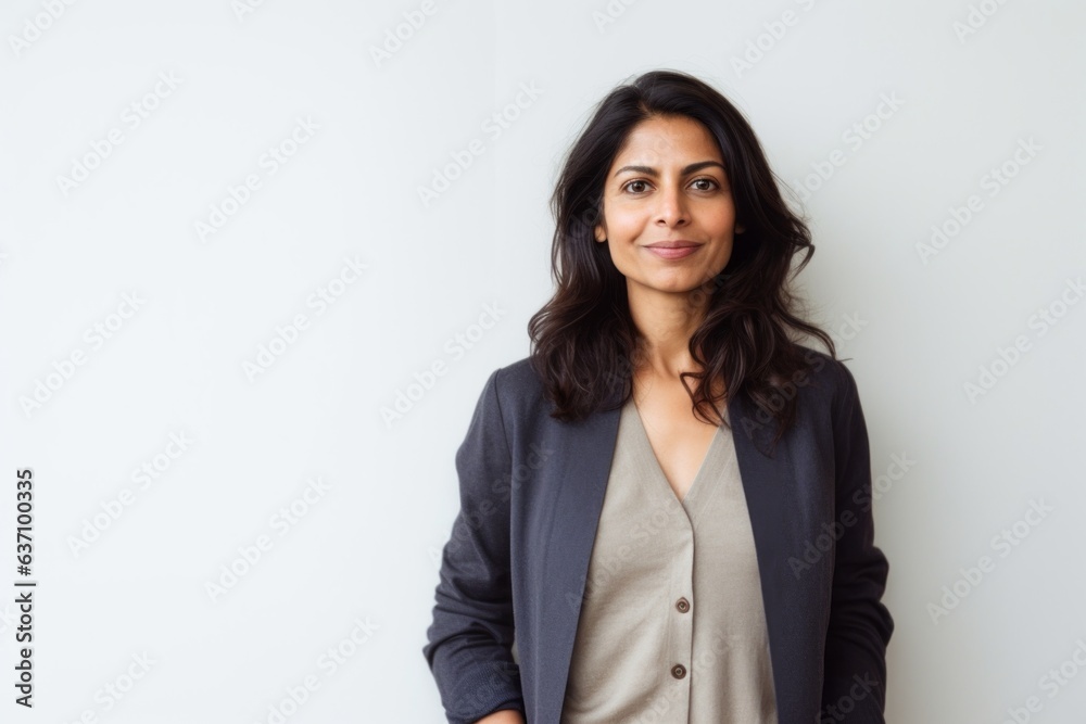 Lifestyle portrait of an Indian woman in her 40s in a minimalist background Lifestyle portrait of an Indian woman in her 40s in a minimalist background