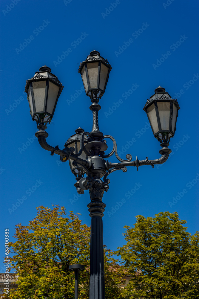 street lamp in the foreground at the blue hour