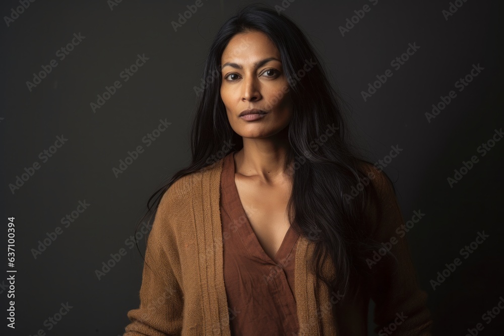 Lifestyle portrait of a serious Indian woman in her 40s in a minimalist background Lifestyle portrait of a serious Indian woman in her 40s in a minimalist background