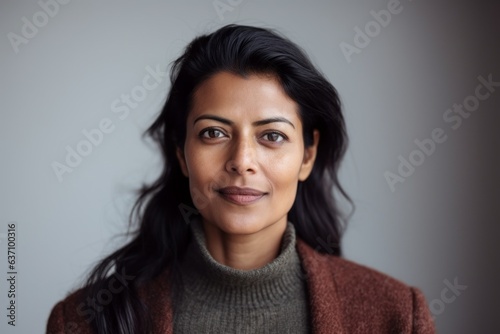 Close-up portrait of an Indian woman in her 40s in a minimalist background © Eber Braun