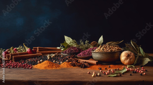 Composition with aromatic spices and fresh herbs on color background.
