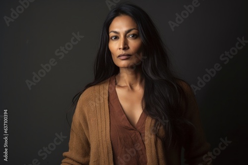 Lifestyle portrait of a serious Indian woman in her 40s in a minimalist background