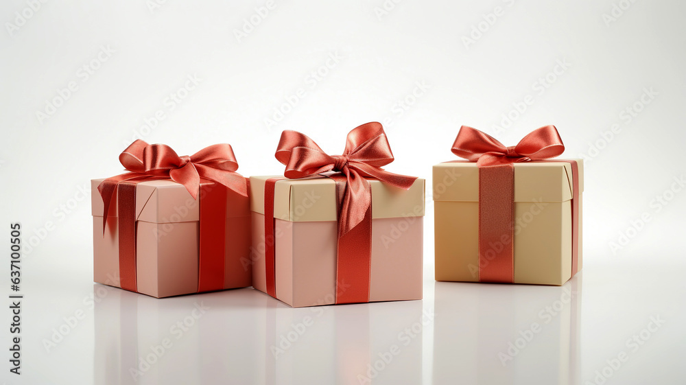 Fototapeta premium Gift boxes on white background studio shot soft light. Three big gifts. Holiday concept.