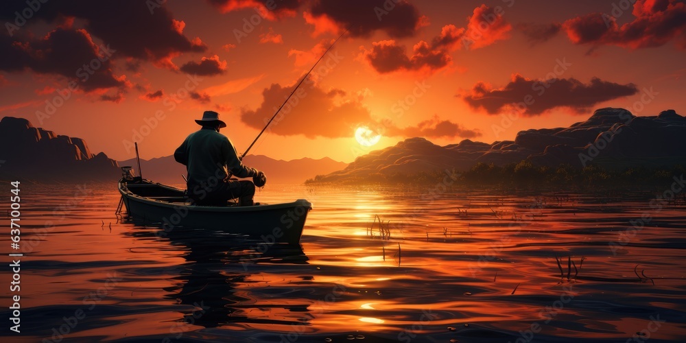 A man in a boat is fishing on the lake against the backdrop of sunset. Generative AI