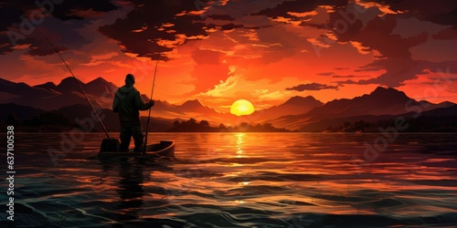 A man is fishing on the lake against the backdrop of sunset. The theme fishing. Generative AI