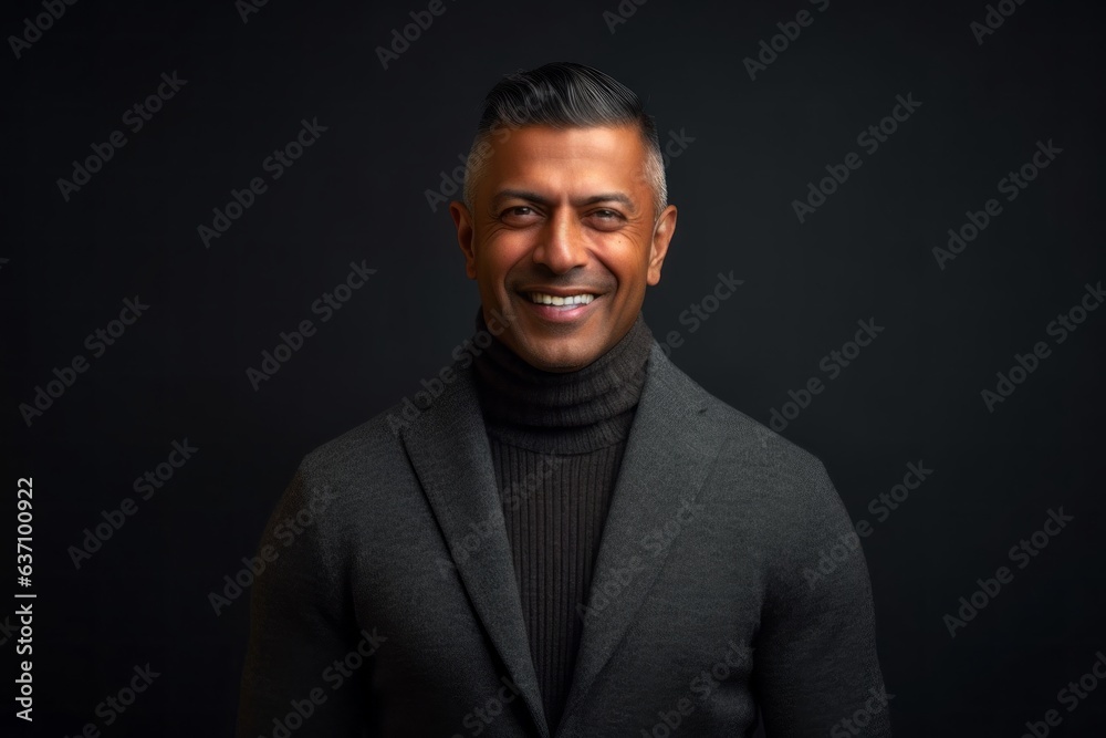 Medium shot portrait of an Indian man in his 40s in a minimalist background