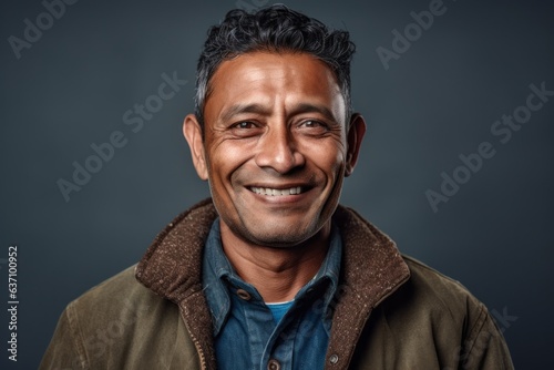 Close-up portrait of an Indian man in his 40s in a minimalist background