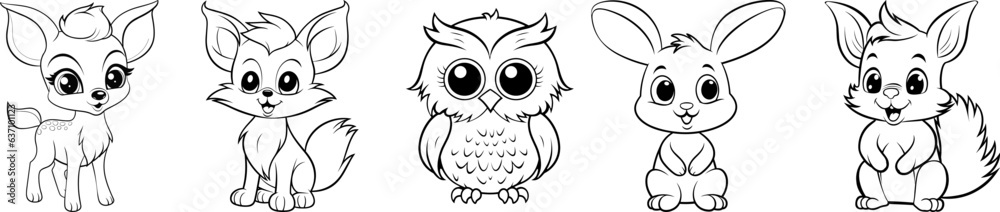Forest animals friendly cartoon characters collection. Deer, fox, owl, rabbit and squirrel friends. Black outline coloring book vector illustrations.