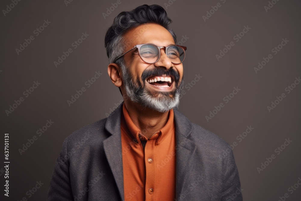 Lifestyle portrait of an Indian man in his 40s in a minimalist background