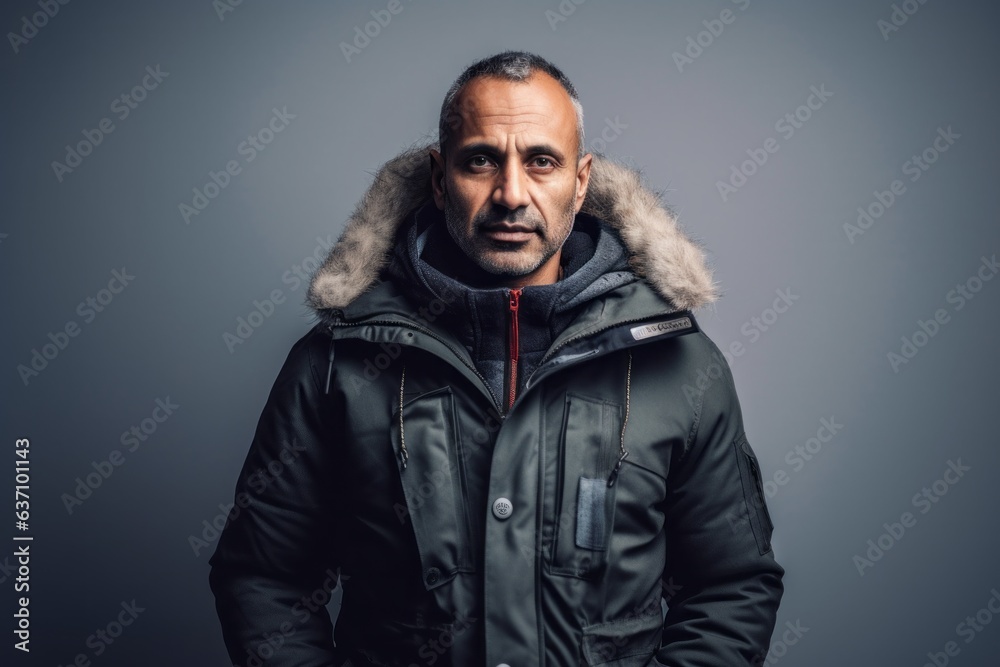 Group portrait of an Indian man in his 40s wearing a warm parka in a minimalist background Group portrait of an Indian man in his 40s wearing a warm parka in a minimalist background