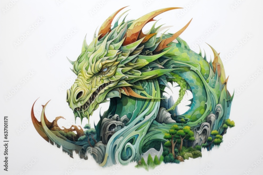 Green dragon painted with watercolors. Symbol of the new 2024 year. Mythical creature from fantasy stories. White back Green dragon painted with watercolors. Symbol of the new 2024 year. Mythical creature from fantasy stories. White back