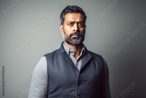 Lifestyle portrait of an Indian man in his 40s in a minimalist background © Eber Braun