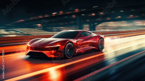 red sports car at the night highway illustration