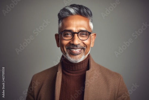 Close-up portrait of an Indian man in his 50s in a minimalist background © Eber Braun