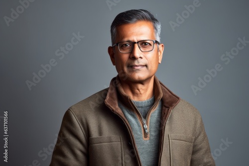 Group portrait of an Indian man in his 50s in a minimalist background